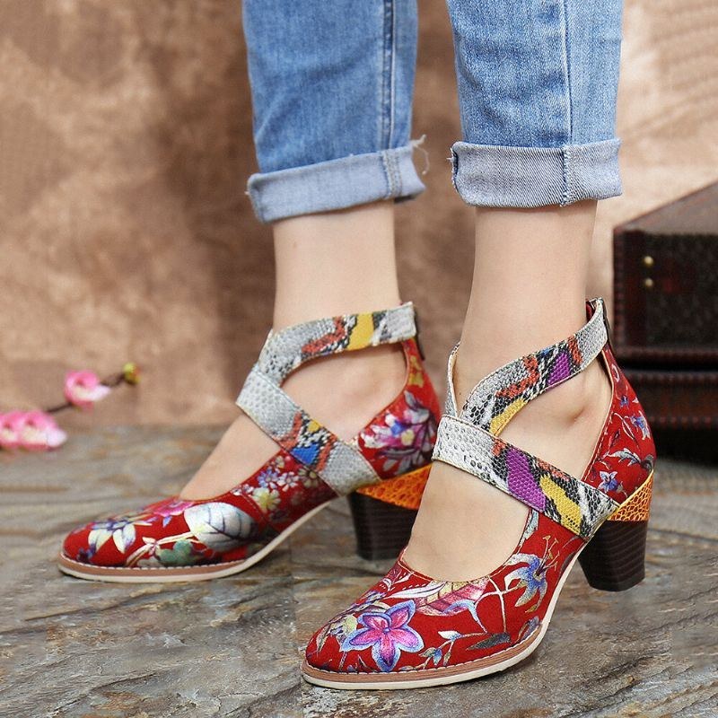 Slangeskind Ægte Læder Splejsning Af Blomstermønster Komfortabel Lynlås Chunky Heel Pumps