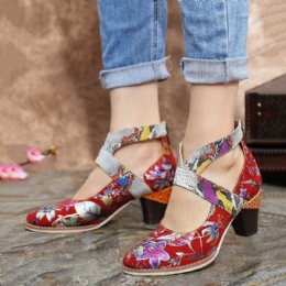 Slangeskind Ægte Læder Splejsning Af Blomstermønster Komfortabel Lynlås Chunky Heel Pumps