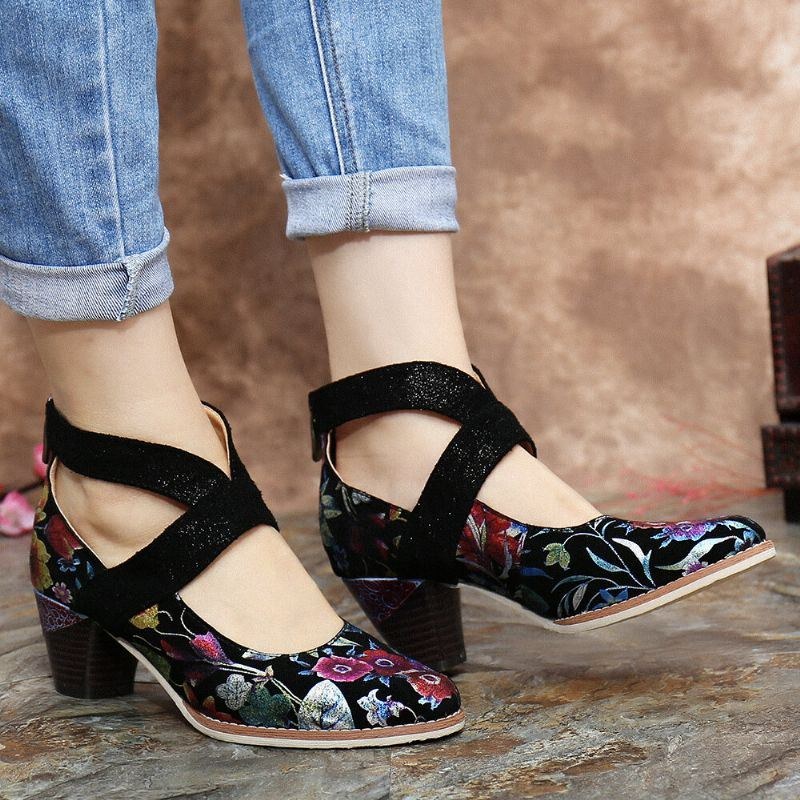 Slangeskind Ægte Læder Splejsning Af Blomstermønster Komfortabel Lynlås Chunky Heel Pumps