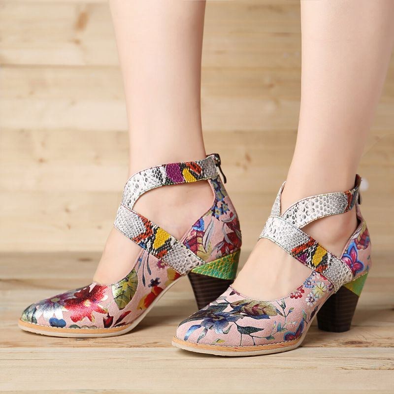 Slangeskind Ægte Læder Splejsning Af Blomstermønster Komfortabel Lynlås Chunky Heel Pumps