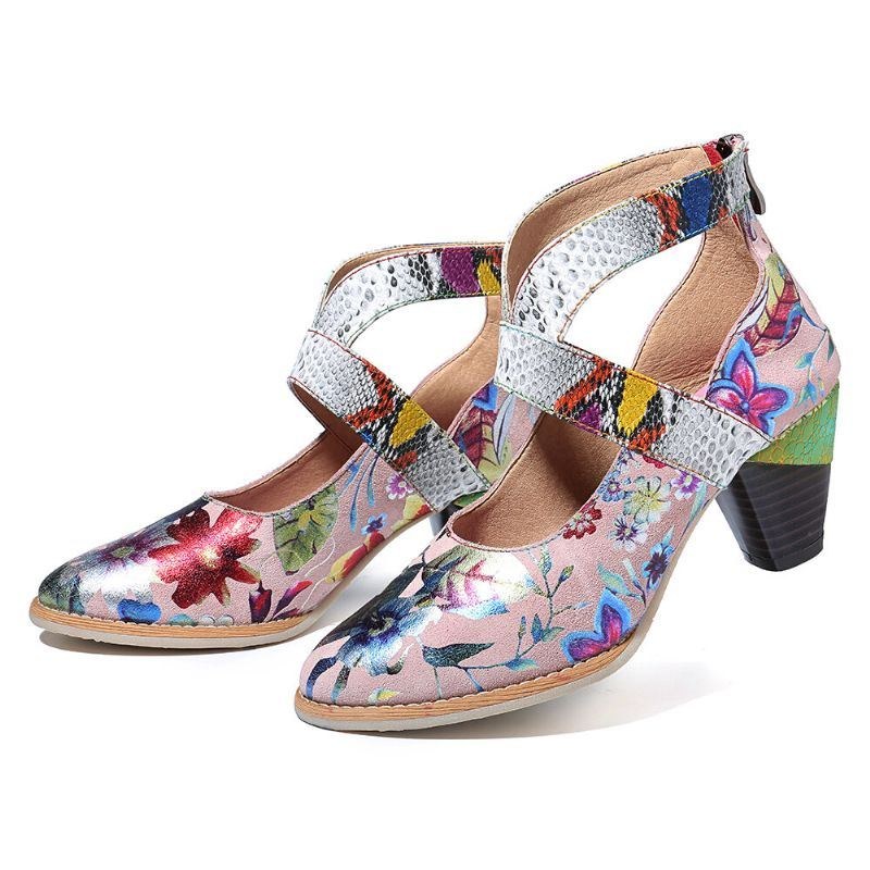 Slangeskind Ægte Læder Splejsning Af Blomstermønster Komfortabel Lynlås Chunky Heel Pumps