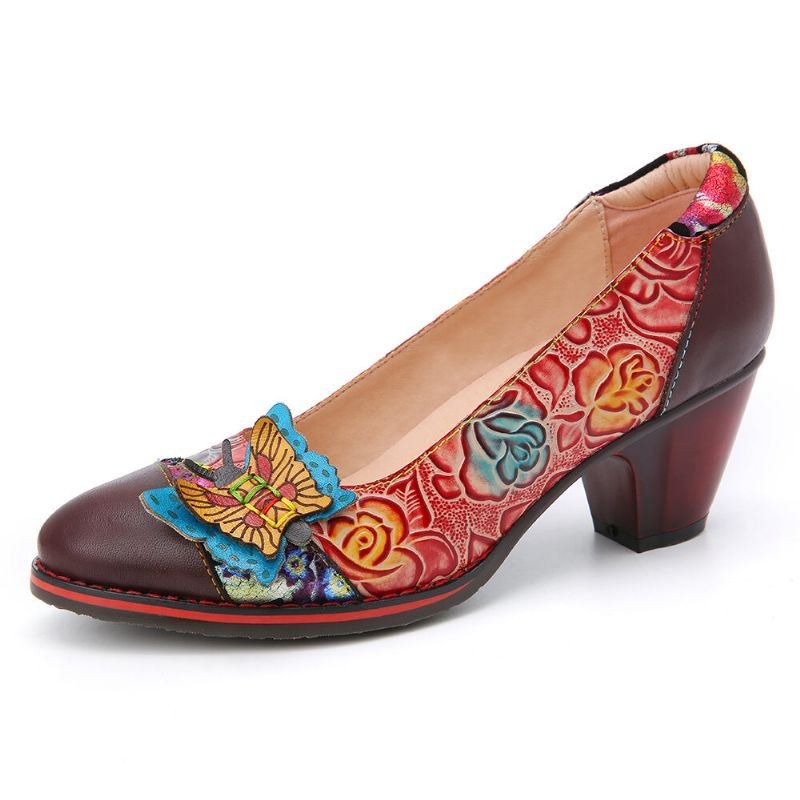 Vintage Sommerfugle Prægede Blomsterlæder Splejsningssøm Slip-on Chunky Heel Pumps